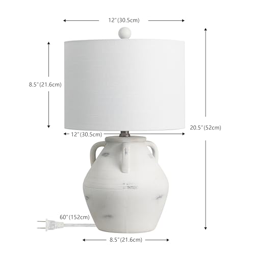 JONATHAN Y 20.5" White Ceramic Pottery Jar Table Lamp Set of 2 for Bedroom Living Room, Rustic Coastal French Country Cottage Style, White Linen Shade, LED Bulbs Included JYL5502A-SET2