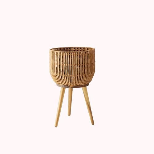 13" Round Rattan Planter with Wooden Stand, Natural Woven Rattan Planter, Rustic Boho Indoor & Outdoor Woven Flower Pot for Home and Garden Decor