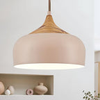 ELYONA 12 Inch Modern Japandi Pendant Light for Kitchen Island Farmhouse Hanging Lamp with Faux Pine Wood Grain Metal Shade, Adjustable Wabi Sabi Ceiling Fixture for Dining Room Bedroom,Light Brown - color: Light Brown