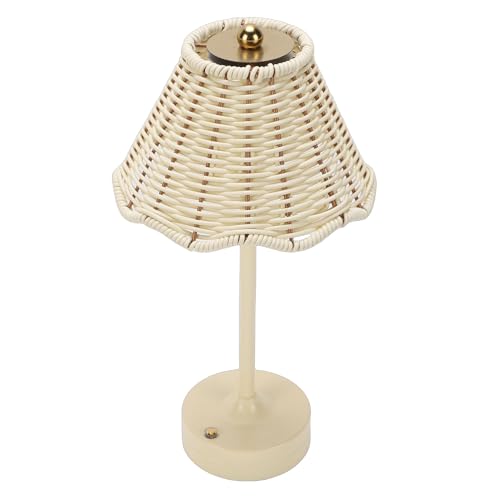 Boho Rattan Shade Table Lamp, Cordless Wicker Woven Vintage Table Lamp, 3 Colors Dimmable with Decorative Design, Ideal for Home Bedroom Living Room Office Decor (White) - color: White