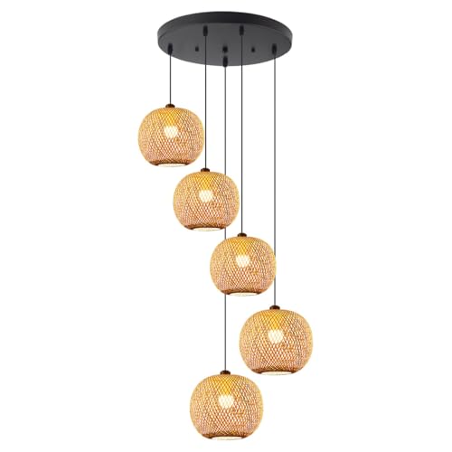5-Light Staircase Bamboo Light Fixture Basket Weave Pendant Light Shade Boho Large Rattan Chandelier Coastal Wicker Pendant Hanging Lights for Foyer Living Room Farmhouse - color: Bamboo, 5-Light