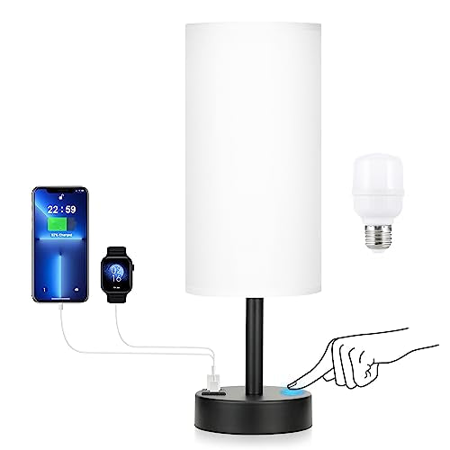 Dicoool Bedside Touch Table Lamps for Bedroom Nightstand with USB-C USB-A Charging Ports White, 3 Way Dimmable Small Lamp Fabric Shade Black Base for Office, Living Room, Dorm Room Reading - color: White-Black Metal, size: 14in