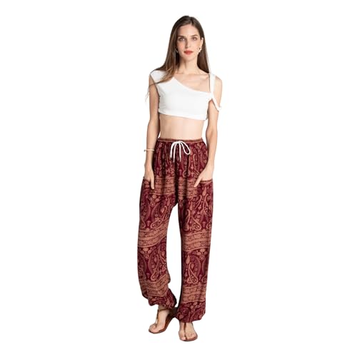 Tranquil Threads Women's Harem Pants with Pockets and Drawstring, Hippie Boho Yoga Clothes - color: Maroon Whisper, size: X-Small