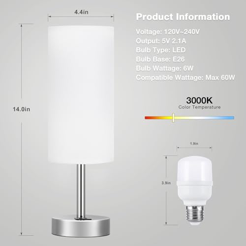 Dicoool White Bedside Touch Table Lamps for Bedroom Nightstand with USB-C USB-A Charging Ports White, 3 Way Dimmable Control Small Lamp Silver Base for Office, Living Room, Reading - color: White-Silver Metal, size: 14in