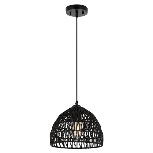 JONATHAN Y 10.25" Black Modern Bohemian Woven Rope LED Pendant Light Fixture, Adjustable Dome Ceiling Lamp for Kitchen Island, Rope Shade, Coastal Farmhouse Decor (JYL6513B) - color: Black, size: 10.25"