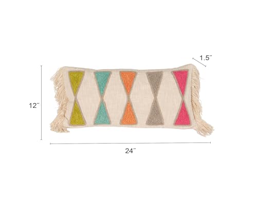 Bloomingville Embroidered Cotton Lumbar Pillow with Fringe, Bright Multicolors - color: Pink, Orange, Teal, Green