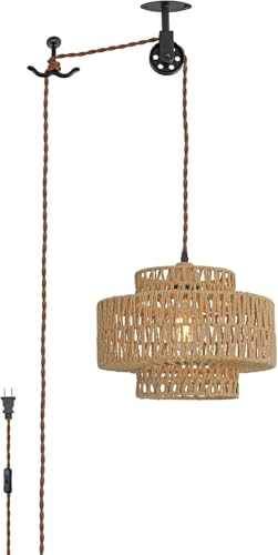 Rattan Plug in Pendant Light Boho Hanging Lights with Plug in Cord,Farmhouse Pulley Pendant Light with On Off Switch for Bedroom Living Room.
