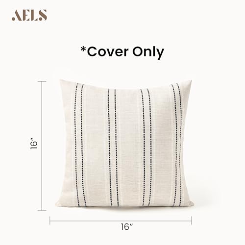 AELS 16x16 Decorative Farmhouse Linen Throw Pillow Covers, Boho Textured Pillow Case, Set of 2, Beige with White & Black Stitch Yarn Dyed Stripe Cushion Cover for Sofa Couch Living Room (Cover ONLY) - color: Beige With White & Black, size: 16" x 16" (Pack