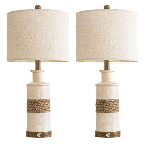 BOBOMOMO 24.5" Farmhouse Boho Table Lamps Set of 2, Hand-Woven Rattan Bedside Lamps with 3-Way Dimmable Touch Control & USB A+C Ports, Nightstand Lamp for Bedroom, Living Room, Corner (Bulbs Included) - size: 24.25"