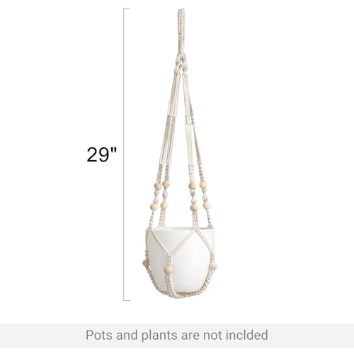 Mkono Macrame Plant Hanger Indoor 29 Inch Hanging Planter Basket with Wood Beads Decorative Flower Pot Holder No Tassels for Indoor Outdoor Boho Home Decor (POTS NOT Included) (2, Ivory)