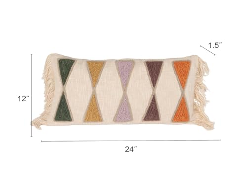 Bloomingville Embroidered Cotton Lumbar Pillow with Fringe, Earthen Multicolors - color: Hunter Green, Yellow, Brown, Orange