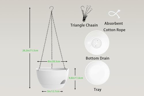 Hanging Planters 3-Pack, 8 Inch Self-Watering Hanging Pots with Drainage Hole and Chains, Plastic Planters for Indoor Outdoor（White） - color: White, size: 8 inches