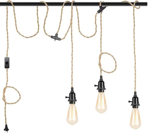 3-Light Hanging Light with Plug in Cord,Plug in Pendant Light 22ft Hemp Rope Pendant Lighting Vintage 3-Light Hanging Lamp Fixtures for Kitchen Island Living Room Bedroom - color: 3 Light