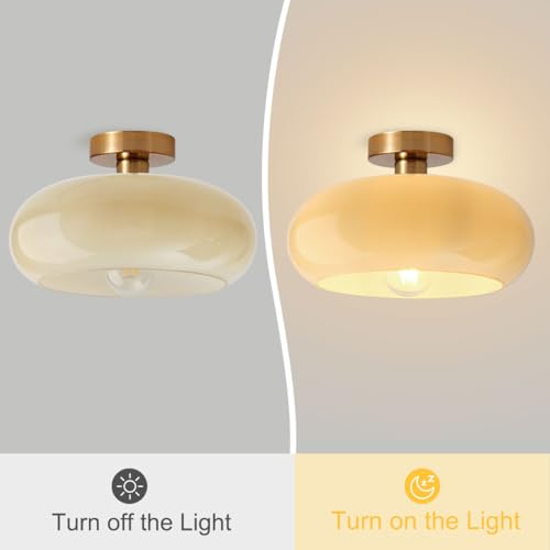 Brass Flush Mount Ceiling Light Mid Century Modern Ceiling Light fixtures Brushed Gold Milk Yellow Glass Semi Flush Mount Ceiling Light Farmhouse Hallway Dining Room Ceiling Lamp - color: Flush- Milk yellow