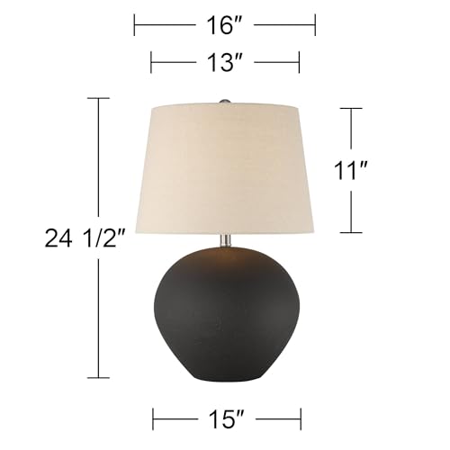 360 Lighting Paulo 24 1/2" High Pot Farmhouse Rustic Southwestern 3-Way Table Lamp Matte Black Ceramic Single Fabric Beige Shade Living Room Bedroom Bedside Nightstand House Office Home Reading
