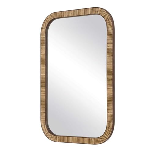 Pemberly Row Farmhouse Accent Wall Mirror, Rectangular Rattan-Style Frame, Dark Brown Finish, Rounded Corners, Durable Construction, Coastal or Farmhouse Decor for Living Room or Bedroom
