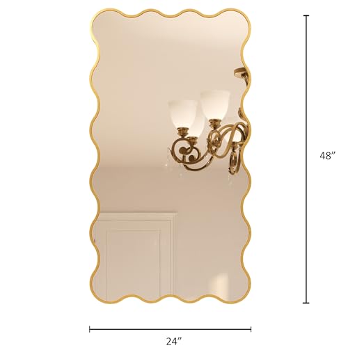 Kelly Miller 24x48 Inch Gold Scalloped Mirror, Large Rectangular Wavy Edge Bathroom Vanity Wall Mirror Decorative for Bedroom Living Room Entryway Fireplace Mantle - size: 48"L x 24"W