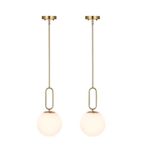 Modern Gold Globe Pendant Light White Globe Glass Shade 2 Pack Brushed Brass Finished Adjustable Rods Hanging Light Fixtures for Kitchen Island Living Room - color: Gold 2 Pack-Adjustable Rods