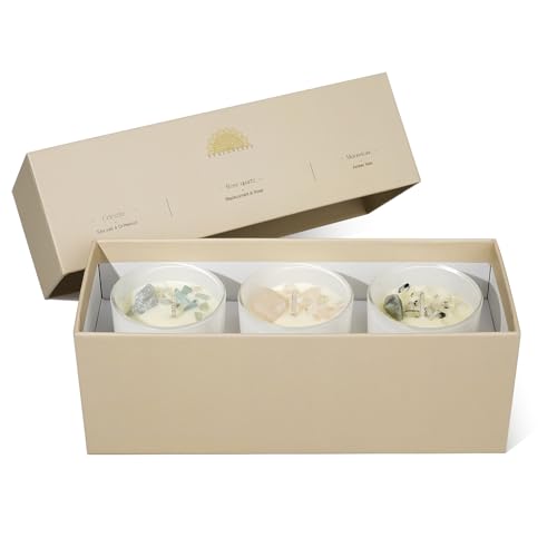 AvaConcept Healing Crystal Candle Gift Set – Set of 3 Celestite, Rose Quartz & Moonstone Hand-Poured Soy Wax Sea Salt Driftwood, Blackcurrant Rose & Amber Noir Aromatherapy Scents Premium Gift Box - size: 3.5oz, style: Sea Salt Driftwood, Blackcurrant Ros