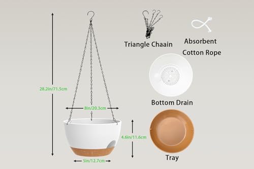 Hanging Planters 3-Pack, 8 Inch Self-Watering Hanging Pots with Drainage Hole and Chains, Plastic Planters for Indoor Outdoor（White Brown） - color: White Brown, size: 8 inches