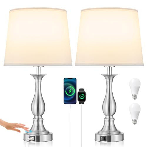 Bedside Table Lamp Touch Control Bedroom Lamps with USB A + C Charging Port 3 Way Dimmable Touch Lamps for Nightstand Living Room Bedroom Dorm Home Office Reading, Set of 2 (White Shade & Nickel Base) - color: White Shade & Nickel Base