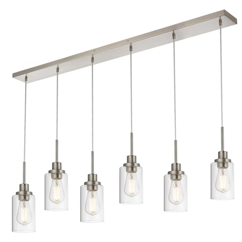 6-Lights Pendant Lighting for Kitchen Island in Brushed Nickel, Ceiling Light Fixtures with Adjustable Hanging Wire & Clear Glass Shades - color: Brushed Nickel, size: 6-Light