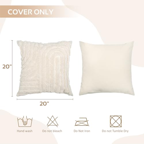 AELS Boho Decorative Textured Throw Pillow Covers 20x20, Set of 2, Modern Abstract Mid Century Rainbow Tufted Pillow Case, Farmhouse Rustic Neutral Woven Cushion Case for Bed Couch Sofa, Creamy White