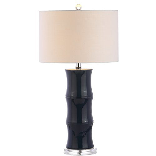 JONATHAN Y 26.5" Navy Blue Ceramic Table Lamp for Living Room, Bedroom Nightstand, White Linen Drum Shade, Bamboo Design Modern Bedside Desk Lamp with LED Bulb Included JYL3015A - color: Navy