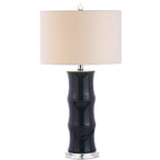 JONATHAN Y 26.5" Navy Blue Ceramic Table Lamp for Living Room, Bedroom Nightstand, White Linen Drum Shade, Bamboo Design Modern Bedside Desk Lamp with LED Bulb Included JYL3015A - color: Navy