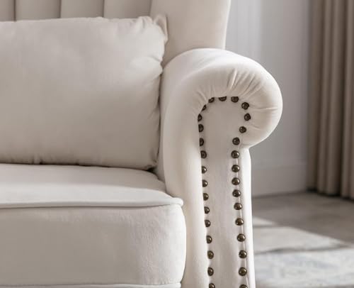 Kmax Cream Accent Chair Velvet Wingback Chair with Pillow Nail-Head Channel Tufted Oversized Club Chair for Living Room Bedroom Guest Room - color: Cream