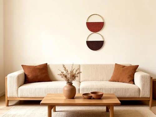 Cilemou 2-Piece 10-inch Round Bamboo Wall Decor with Yarn-Wrapped Half-Circle Design, Rustic Boho Style Wall Hanging for Living Room, Bedroom, Office, and Home Decor - size: 10in(Red,Brown)