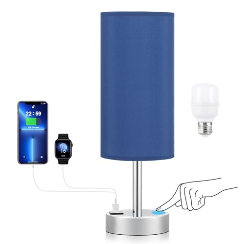 Dicoool Navy Blue Touch Lamp for Boys - Small Nightstand Lamp with USB-C and USB Charging Ports, 3 Way Dimmable Bedside Table Lamp with Fabric Shade Silver Base for Nursery, Dorm, Office, Reading - color: Blue-Silver Metal, size: 14in