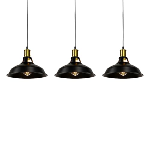 3 Light Pendant Lighting, Farmhouse Hanging Light Fixture for Kitchen Island & Dining Room, Industrial Vintage Ceiling Lamp with E26 Base, Adjustable Height, Black and Gold with Metal Shade - color: Metal Shade 1-Light (Black and Gold) - 3 Pack