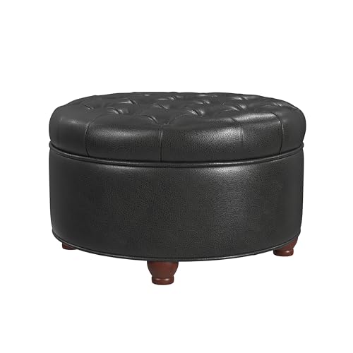 HomePop 25" Button Tufted Round Storage Ottoman - Black Faux Leather - color: Black Faux Leather