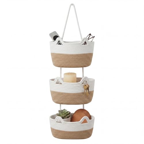 Hanging Wall Basket, Over the Door Hanging Basket with Hooks, Decorative Hanging Basket for Wall, Door, Nursery, Living Room, Bathroom, Cat-Like Design for Boho Decor, White & Jute - color: White&Honey