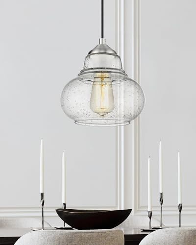 ELYONA 8 Inch Bubble Glass Pendant Light Industrial Kitchen Island Globe Hanging Pendant Light Fxiture Modern Hand Blown Seeded Glass for Farmhouse Dining Room Bar Bedroom Living Room Brushed Nickel - color: Brushed Nickel