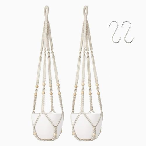 2 Pack Handmade Macrame Plant Hanger - Indoor Hanging Planter Basket with Wood Beads, Cotton Rope, No Tassels, for Boho Home Decor, 35 Inch, Ivory, (Pots NOT Included) - color: White