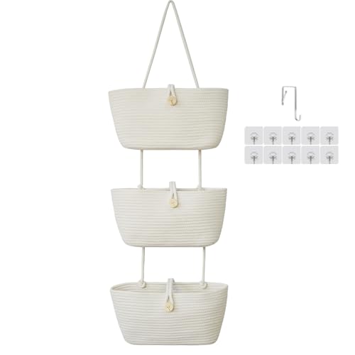 TeoKJ Over the Door Hanging Baskets with Wooden Button, 3-Tier Wall-Mounted Decorative Nursery Kitchen Baskets, White - color: White, style: 3 tier+Wooden Button