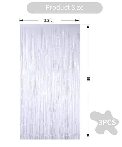 3Pcs White Metallic Tinsel Foil Fringe Curtains, 3.28ft x 6.56ft White Photo Booth Backdrop Streamer Curtain,Photo Booth Props, Bachelorette Party Supplies, Birthday, Christmas,New Year Decorations - color: White