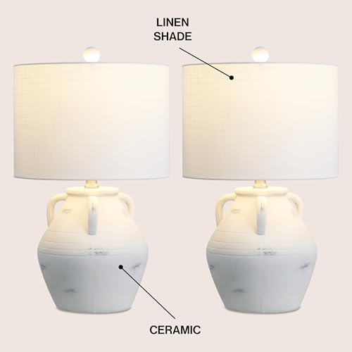 JONATHAN Y 20.5" White Ceramic Pottery Jar Table Lamp Set of 2 for Bedroom Living Room, Rustic Coastal French Country Cottage Style, White Linen Shade, LED Bulbs Included JYL5502A-SET2