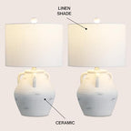 JONATHAN Y 20.5" White Ceramic Pottery Jar Table Lamp Set of 2 for Bedroom Living Room, Rustic Coastal French Country Cottage Style, White Linen Shade, LED Bulbs Included JYL5502A-SET2