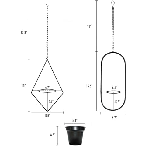 Modern Metal Hanging Planters Set of 2 - Geometric Diamond and Oval Plant Hangers with 5 inch Pots - Black Wall or Ceiling Mount Flower Holders for Indoor and Covered Outdoor Décor - size: OVAL+DIAMOND - 5 INCH POT