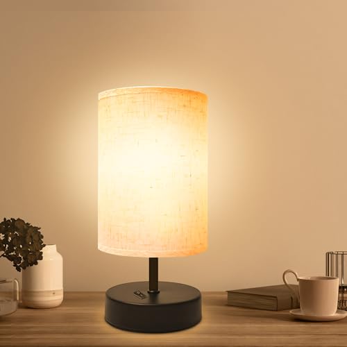DEGNJU Small Bedside Lamp, Mini Minimalist Table Lamp with Round Flaxen Fabric Shade, 9 Inch Desk Reading Lamp for Bedroom, Living Room, Office, 1 Pack - color: Round-Flaxen-9 Inch, size: 1 Pack
