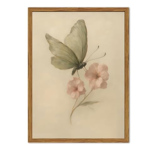 Framed Vintage Wall Art, Butterfly and Pink Floral Pictures Wall Decor, Retro Flower Moth Painting Canvas Prints Cottagecore Home Decor Aesthetic for Living Room Bedroom Bathroom 16x24 inch - color: Butterfly Pink Floral, size: 24"L x 16"W