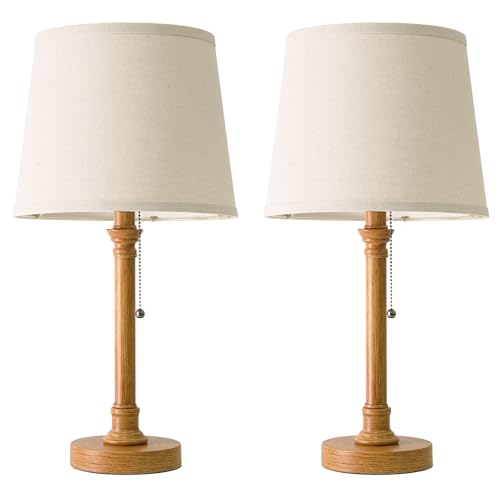 Oneach 19.5" Small Table Lamps Set of 2, Pull Chain Switch Bedside Metal Table Lamps, Modern Nightstand Lamp with Linen Shade, Rustic Lamp for Living Room, Bedroom, Home Office, Nursery - color: Wood Grain-2Pack