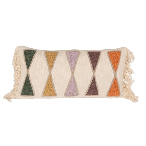Bloomingville Embroidered Cotton Lumbar Pillow with Fringe, Earthen Multicolors - color: Hunter Green, Yellow, Brown, Orange