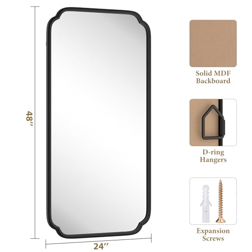 Ferytange 48 x 24 Inch Black Bathroom Vanity Mirror for Wall with Metal Frame Modern Rectangle Rounded Corner Wall Decor Mirror for Big Bathroom Over Sink (Horizontal/Vertical) - color: Black, size: 48"L x 24"W