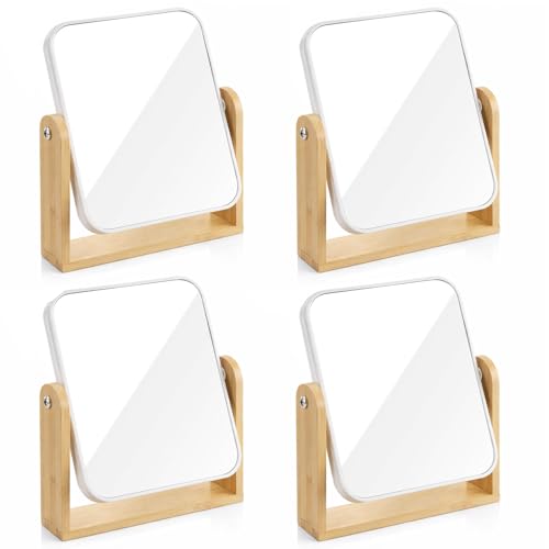 Novabright 4 Pack Desk Vanity Mirror, Double Sided 1X/ 3X Magnifying Makeup Mirror with Natural Bamboo Stand, 360° Swivel for Table, Desk, Countertop Bathroom Bedroom