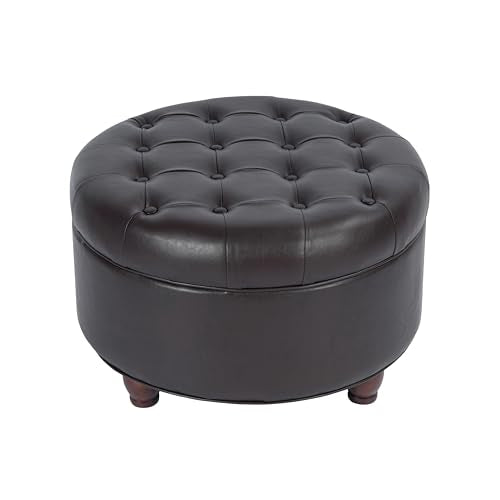 HomePop 25" Button Tufted Round Storage Ottoman - Distressed Brown Faux Leather - color: Brown