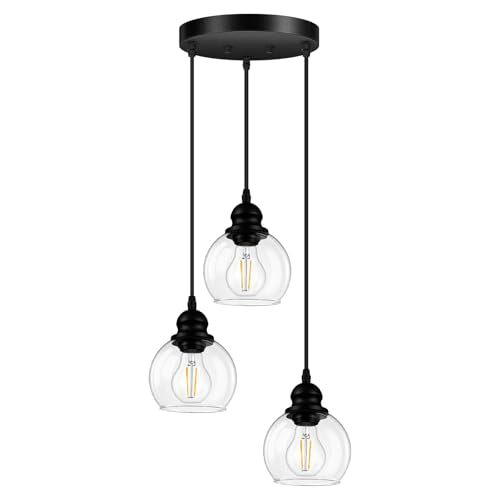 3-Light Pendant Light, Globe Cluster Hanging Light with Clear Glass Shade, Matte Black Pendant Lighting Adjustable Hanging Height Industrial Ceiling Light for Kitchen Island Bedroom(E26 Base,No Bulb) - size: 3Light - D 5.12 IN